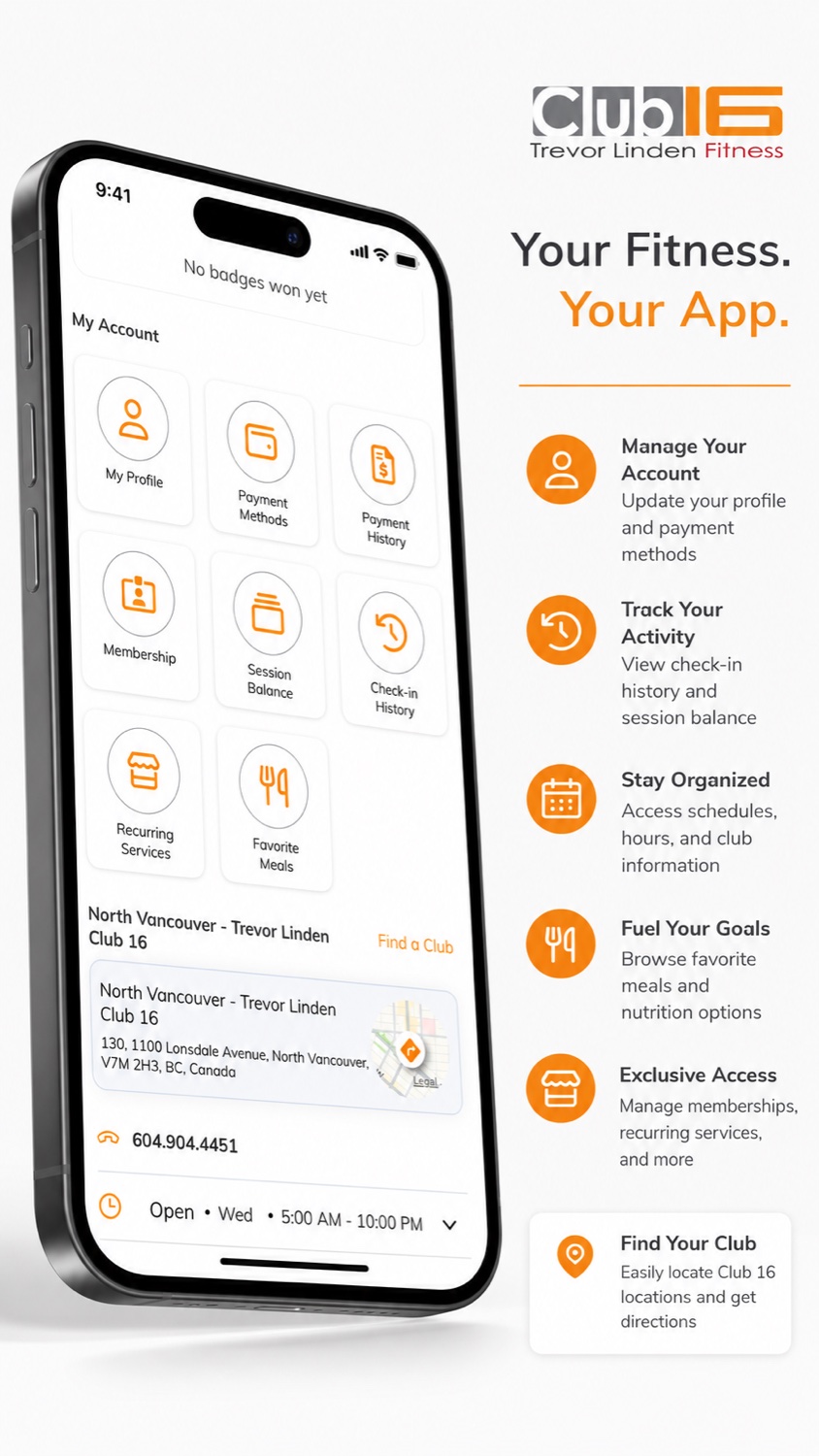 Club16 app: manage your account, track activity, and schedules