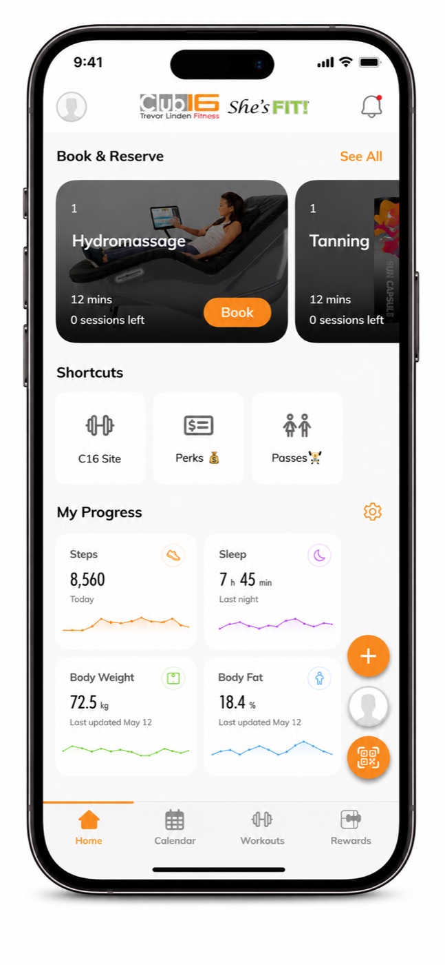 The Club16 app home screen: check-in, booking, and progress