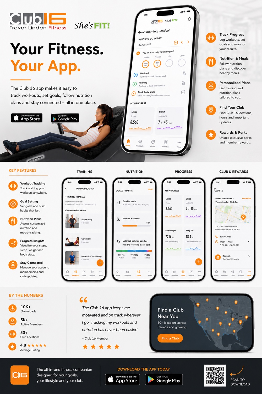The Club16 app at a glance: schedules, nutrition, progress, and check-in