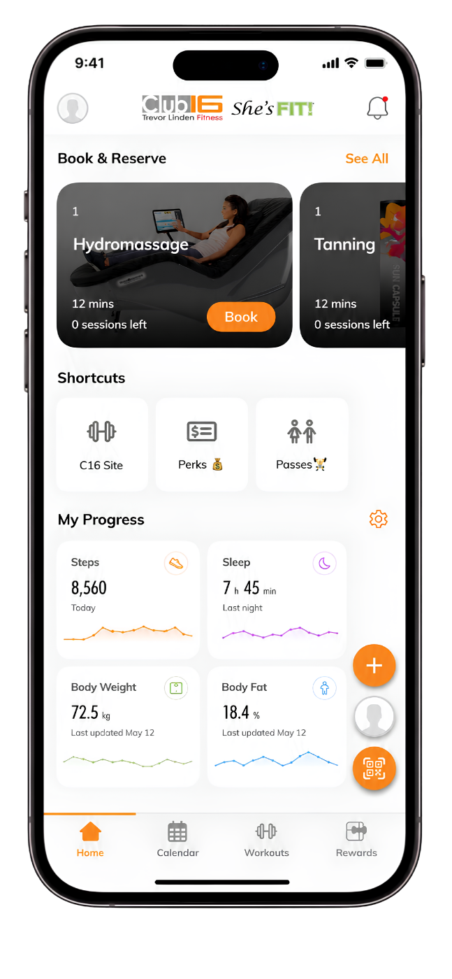 The Club16 app home screen — check-in, booking, and progress tracking