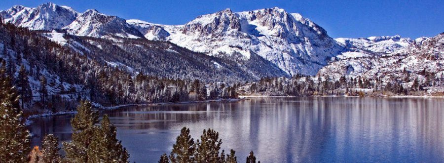 June Lake with evergreens and white mountains surrounding it