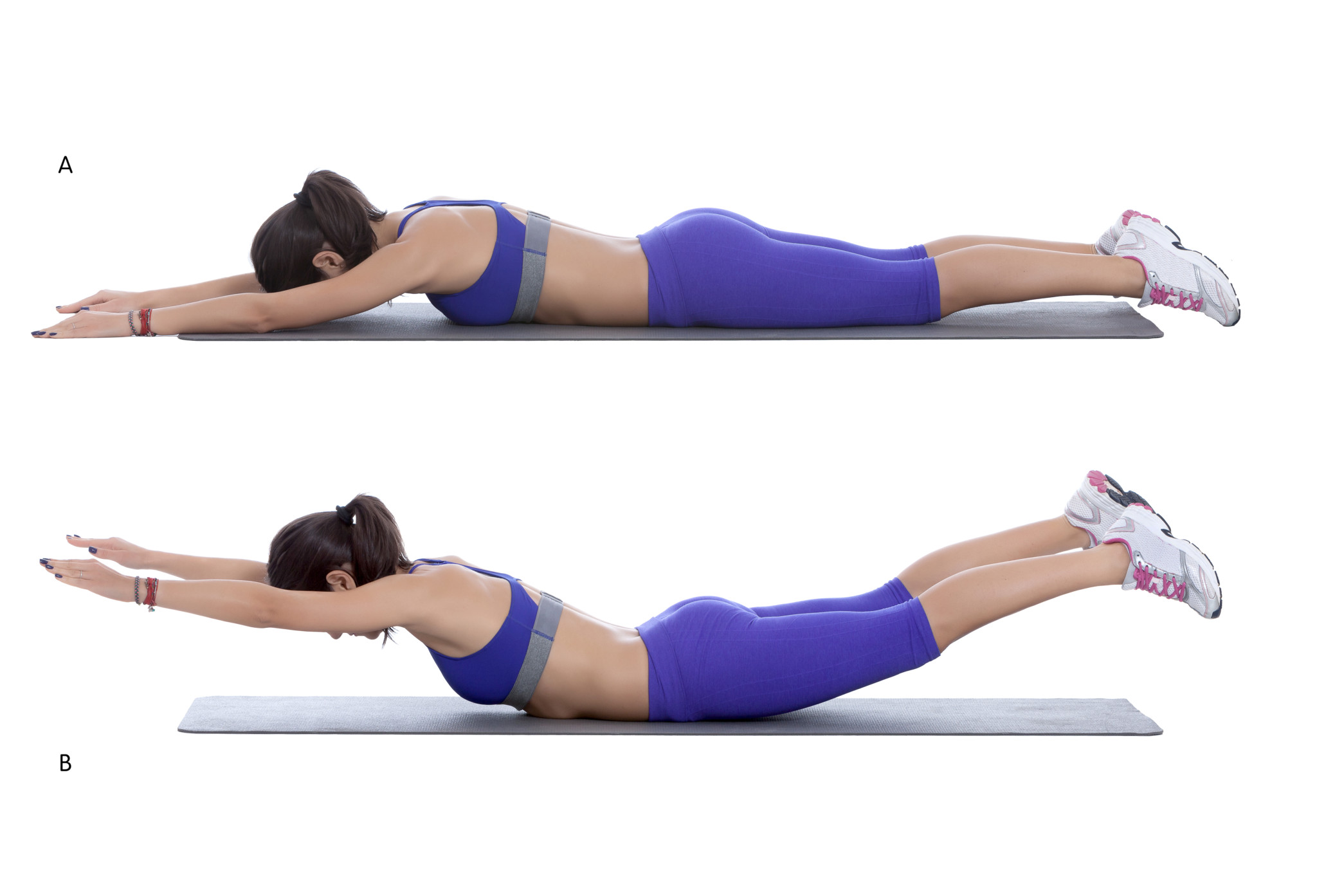 Step by step instructions: Lie face down on the floor, with your arms and legs extended, so your body forms a straight line. (A) Keeping your head and neck in a neutral position, simultaneously lift your arms and legs up toward the ceiling to form a gentle curve with your body. (B)